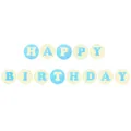Detailed view of blue and beige round paper cards with bold Happy Birthday letters - Round Letter Bunting / Blue