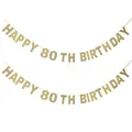Golden glittery Happy 80th Birthday banner with hanging string for party wall decoration - HAPPY 80 TH BIRTHDAY