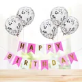 Pink Happy Birthday banner with gold lettering and sparkling confetti balloons set - Rose Pink Purple Gilded Banner + 5 Silver Sequin Balloons