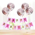 Pink Happy Birthday banner set with five rose gold confetti balloons for party decor - Rose Pink Purple Gilded Banner + 5 Rose Gold Sequin Balloons