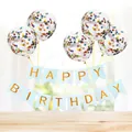 Close-up of blue Happy Birthday banner and five clear confetti balloons for party decor - Blue Gilded Banner + 5 Colorful Sequin Balloons