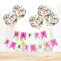 Close-up of Happy Birthday banner and five clear balloons with colorful confetti - Rose Pink Purple Gilded Banner + 5 Colorful Sequin Balloons