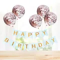 Blue Happy Birthday banner with rose gold confetti balloons on a wood table - Blue Gilded Banner + 5 Rose Gold Sequin Balloons