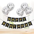 Detail of gold confetti balloons and black Happy Birthday banner for party decor - Black Gilded Banner + 5 Silver Sequin Balloons