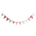 Detailed view of colorful bunting banner with heart, polka dot and floral triangle flags - Heart Theme