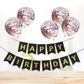 Detail view of black Happy Birthday banner with golden foil and rose gold sequin balloons - Black Gilded Banner + 5 Rose Gold Sequin Balloons