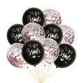 Team Bride party balloon set featuring black latex and rose gold confetti styles - Black (Gold Text) + Rose Gold Confetti