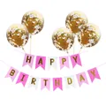 Détail de la bannière Happy Birthday rose avec feuilles dorées et ballons confettis - Bannière Queue De Poisson Multicolore Avec Ballons Confettis Dorés