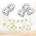 Close-up of Happy Birthday banner with sequin balloons on a light wood tabletop decor - White Gilded Banner + 5 Silver Sequin Balloons