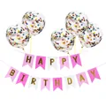 Détail de la banderole Happy Birthday rose et des ballons de baudruche à confettis - Bannière Queue De Poisson Multicolore Avec Ballons Confettis Colorés