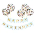 Détail de la banderole Happy Birthday dorée avec ballons de confettis colorés - Bannière Bleue Avec Ballons Confettis Colorés
