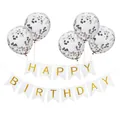 Ensemble détaillé de bannière Happy Birthday dorée et quatre ballons à paillettes - Bannière Blanche Avec Ballons Confettis Argentés