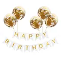 Détail de la bannière Happy Birthday dorée et des ballons à confettis scintillants - Bannière Blanche Avec Ballons Confettis Dorés