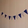 Detail of navy blue and chevron patterned triangular bunting banner for party decor - Silver Striped and Navy Blue Triangle / Silver Striped / Navy Blue