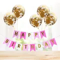 Pink and white Happy Birthday banner set with five golden sequin balloons on wood - Rose Pink Purple Gilded Banner + 5 Gold Sequin Balloons