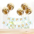Light blue Happy Birthday banner with gold letters and gold sequin confetti balloons set - Blue Gilded Banner + 5 Gold Sequin Balloons