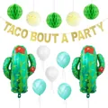Detailed set of cactus party balloons, glitter banners, and honeycomb paper balls for fiestas - Cactus Honeycomb Ball Latex Balloon Banner Set(8)