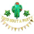 Detailed set of cactus foil balloons with gold Taco Bout A Party glitter banner decorations - Cactus Star Triangle Pennant Banner Set(5)