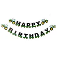 Cartoon tractor themed Happy Birthday party banner with green and black letter flags - Green Construction Vehicle Banner