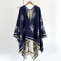 Double-sided navy and beige ginkgo leaf print poncho with tassel trim for women - 150x130cm / Blue