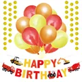 Detail of construction vehicle birthday banner with glitter dots and colorful balloons - Orange Theme Decor Style One