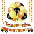 Construction excavator happy birthday party banner with black and orange balloons - Excavator Theme Style One