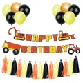 Construction themed Happy Birthday banner with excavator patterns and orange balloons - Excavator Theme Style Three