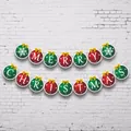 Close-up of Merry Christmas banner with red and green round cards and yellow bows - Round Style