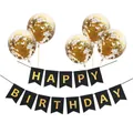 Black Happy Birthday banner with gold foil letters and 5 gold confetti balloons set - Black Banner With Gold Confetti Balloons