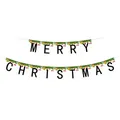 Close-up of Merry Christmas banner with pine needles, red balls and gold bells details - Fishtail Style