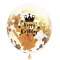 Clear confetti balloon with gold sequins and black Happy Birthday print with crown - Crown-Gold Confetti Transparent