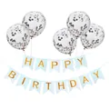 Bannière Happy Birthday bleu clair avec cinq ballons remplis de confettis dorés - Bannière Bleue Avec Ballons Confettis Argentés