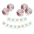 Banderole Happy Birthday bleue dorée avec ballons transparents à confettis rose doré - Bannière Bleue Avec Ballons Confettis Or Rose