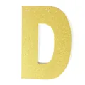 Close-up of golden glitter letter D hanging tag with two holes for DIY party banners - Letter D / Gold