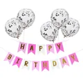Bannière Happy Birthday rose et blanche avec lettres dorées et ballons à confettis - Bannière Queue De Poisson Multicolore Avec Ballons Confettis Argentés