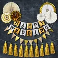 6-piece gold and white paper fan set with Happy Wedding banner for party decorations - Gold And White Happy Wedding Style