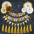 6-piece gold and silver paper fan set with Happy Birthday banner and fringe tassels - Gold And White Happy Birthday Fishtail Banner Style