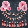 Pink and rose gold party set with paper fans, Just Married banner, and foil tassels - Pink Striped Just Married Rose Gold Style