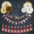 6-piece rose gold party decoration set with paper fans, Just Married banner, and tassels - Gold Stamping Fan Just Married Rose Gold Style