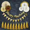 6-piece gold and white paper fan set with Happy Birthday banner and triangle bunting flags - Gold Stamping Fan Happy Birthday Gold Banner Style