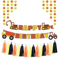 Construction excavator happy birthday banner set with colorful tassels and paper dots - Excavator Theme Style Two