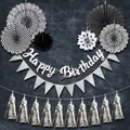 Detail of silver foil paper fan decor set with Happy Birthday banner and metallic tassels - Black Striped Happy Birthday Silver Banner Style