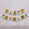 Silver and gold swallowtail banner set with HAPPY WEDDING text for wedding party decor - Black Gold Happy Wedding