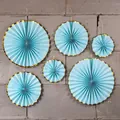 Light blue and gold paper fan decoration set for party wall hanging, 6-piece pack - Blue With Gold Edge
