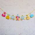Princess party banner with colorful dresses, pumpkin carriage and gold foil castle decoration - Castle Princess Theme Banner
