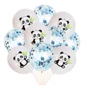 Detail view of panda print balloons and transparent balloons with blue sequins for parties - Panda With Blue Confetti