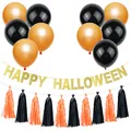 Kit de decoración de Halloween con pancarta dorada, globos negros naranjas y borlas de papel - Banner Happy Halloween + Set Completo de Borlas y Globos