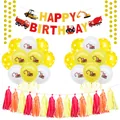 Construction excavator happy birthday banner set with themed balloons and tassels for boys - Construction Theme Design Two