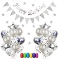 Kit de bannière Happy Birthday argentée avec étoiles et ballons de fête chromés - Argent - Thème Anniversaire (Happy Birthday)