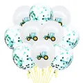 Details von Traktor-Ballons und grünen Pailletten-Konfetti-Ballons mit gelben Bändern - Weiß-grüner Traktor und Pailletten-Stil (Bagger-Ballonset 3)